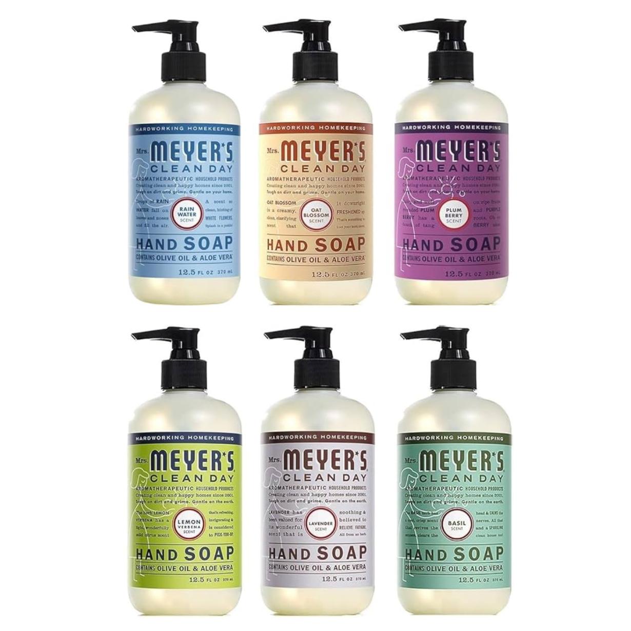 Mrs. Meyer's Clean Day Liquid Hand Soap 6 Scent Variety, Lavender, Rainwater, Oat Blossom, Plumberry, Lemon Verbena, Basil, 12.5 oz, 6 Count