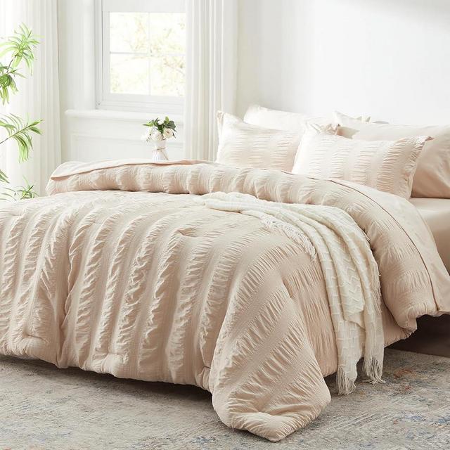Zzlpp King Comforter Set 7 Pieces, Beige Seersucker Bed in a Bag with Comforter and Sheets, All Season Bedding Sets with 1 Comforter, 2 Pillow Shams, 2 Pillowcases, 1 Flat Sheet, 1 Fitted Sheet