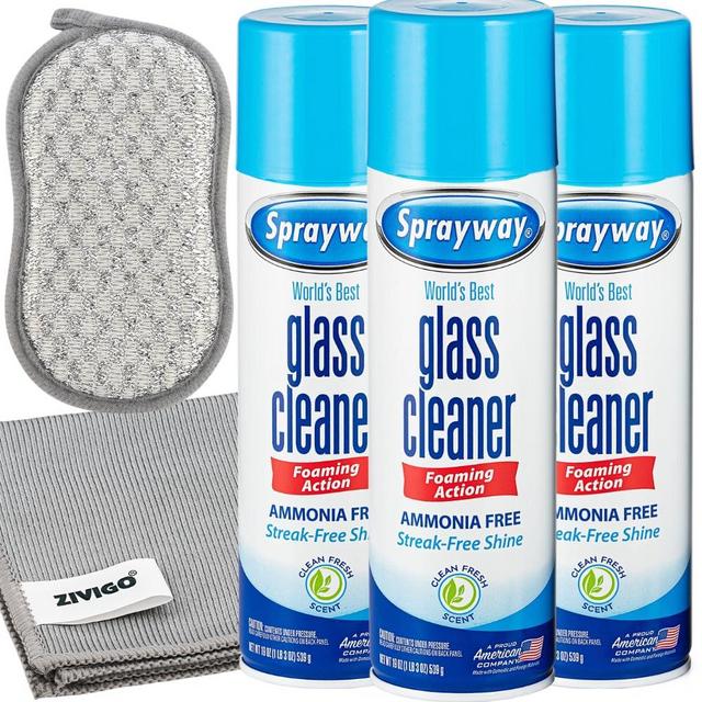 Sprayway Glass Cleaner, Foam Action, 19 Fl Oz, 3 Pack, Bundled With 1 Microfiber Cleaning Cloth, 1 Dual Sided Scrubbing Sponge,