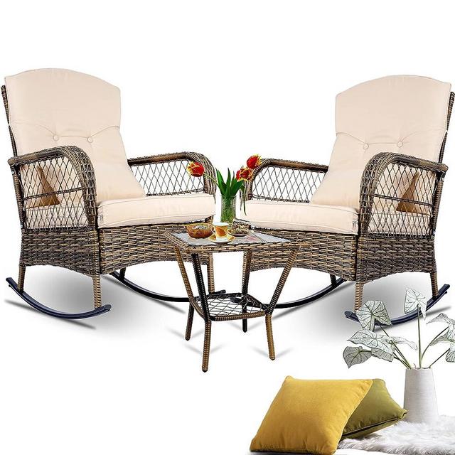 SENSWEET Outdoor Wicker Rocking Chairs Set of 2, Rattan Patio Rocking Chairs, All-Weather Rocking Lawn Wicker Furniture for Porch Deck Garden Backyard (Brown)