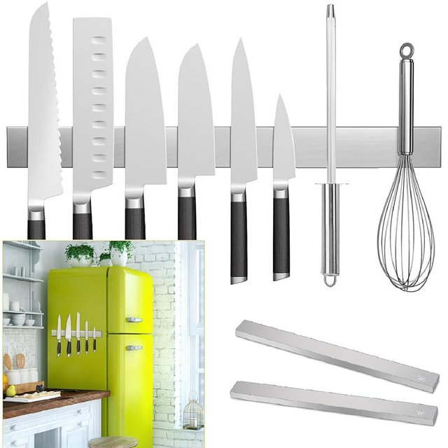 Rymmzone 2 PCS Knife Magnetic Strip no Drilling (Refrigerator Applicable), 17 inch Magnetic Knife Holder for Wall, Premium Stainless Steel Magnetic Knife Bar, Used as Tool Holder, Knife Rack, and More