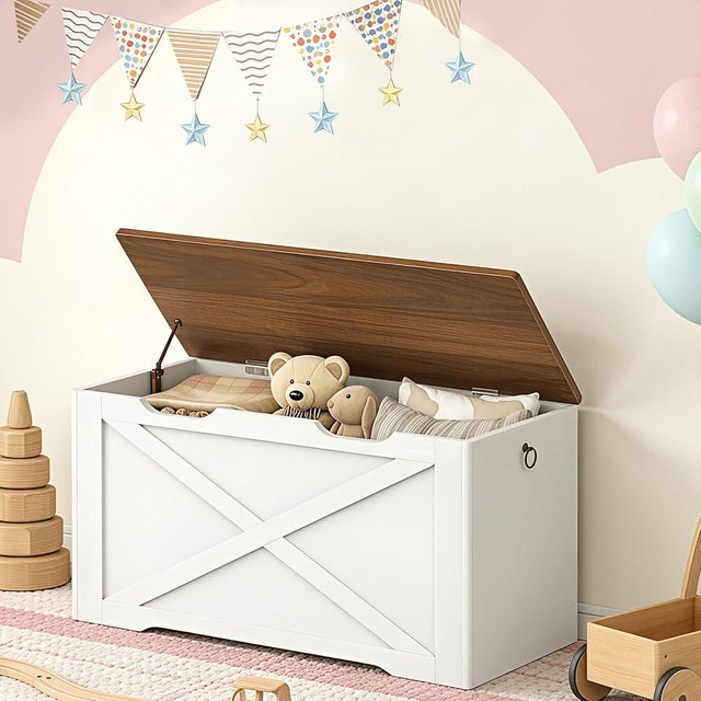 RALGEND Toy Chest, 31.5" Storage Chest with Metal Hinge and Pull Handles, Wooden Storage Bench, Toy Box for Living Room, Bedroom, Entrance, Walnut and White