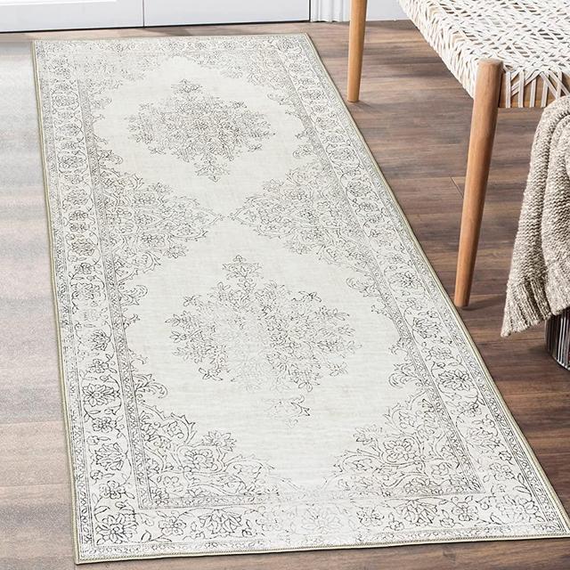 ReaLife Machine Washable Rug - Stain Resistant, Non-Shed - Eco-Friendly, Non-Slip, Family & Pet Friendly - Premium Recycled Fibers - Distressed Boho Medallion - Ivory, 2'6" x 6'