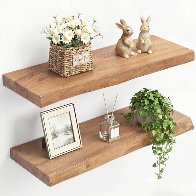 PERFNIQUE 24 Inch Floating Shelves Set of 2, Solid Elm Wood Rustic Live Edge Wall Decor Shelves - Invisible Bracket Mount for Living Room, Kitchen, Bathroom, Natural.