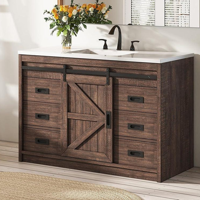 LUXOAK 48'' Farmhouse Freestanding Bathroom Vanity Cabinet with Sink, Sliding Barn Door Vanity with Drawers & Metal Handles, Spacious Storage, Deep Basin, Reclaimed Barnwood, Rustic Brown