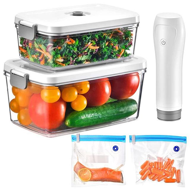 Vacuum Seal Containers, Food Fresh & Save Container for Vacuum Seal, Vacuum Container with Handheld Pump, Airtight Food Storage, Marinade Container, Snack Container for Adult 1L+2L Boxes, 2 Fresh Bags