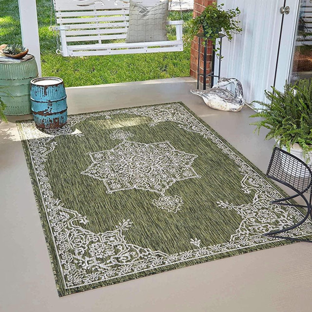 Unique Loom Collection Traditional Classic Heathered Center Medallion Indoor/Outdoor Flatweave Area Rug, 6 ft x 9 ft, Green/Ivory