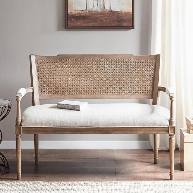 Madison Park Willshire Natural Rattan Settee, Upholstered Seat - Charming Country Design, Rustic Reclaimed Wood Finish, Ratan Insert Backrest & Padded Arm Rest, 47.25" Wide Beige/Reclaimed Natural