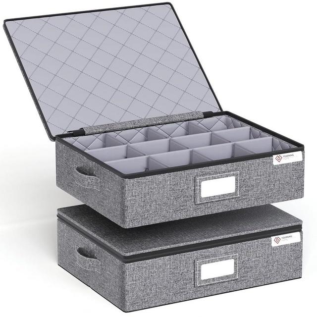 Cup and Mug Storage Box with Hard Shell and Dividers for Coffee Mugs, Tea Cups and Glasses Stackable Storage Organizer with Lid , Zipper and Handles, Holds 12 for Packing and Moving, 2 Pack, Grey