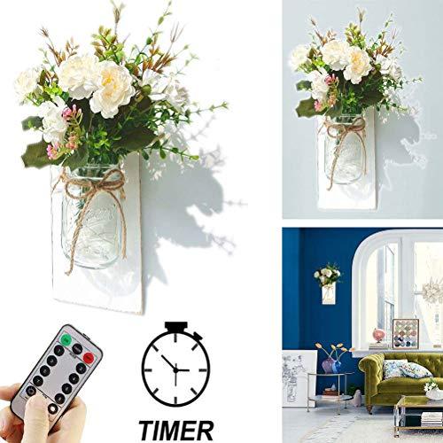 CN CRAFTS Rustic Mason Jars Hanging Wall Sconces with Remote Control of 8 Kinds of Light Modes and 6-Hour Smart Timer, 20 LED Fairy Strip Lights, Shabby Chic Decorations (Set of 2)