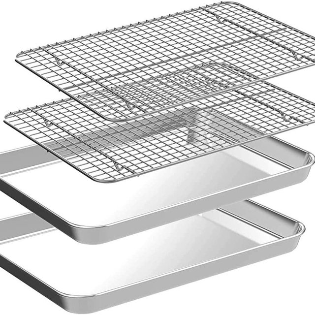Quarter Baking Sheet with Rack Set [2 Pans + 2 Racks], CEKEE Stainless Steel Cookie Sheet Baking Pan Tray with Cooling Rack, Non Toxic & Heavy Duty & Easy Clean （10 Inch）