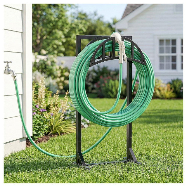 YQSLYSF Garden Hose Holder, Water Hose Stand with 4 Stake and 2 Tool Hooks, Heavy-Duty Metal Hose Storage Holds 150Ft, Freestanding Hose Hanger Rack for Outside, Yard, Lawn, Farm