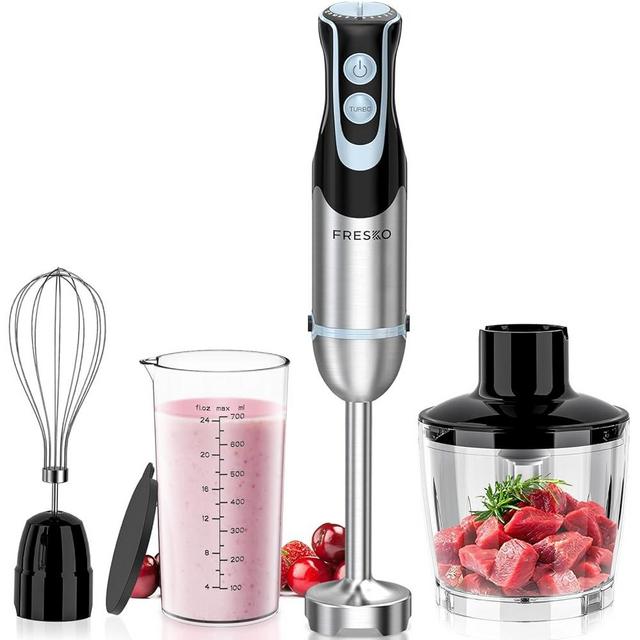 FRESKO Immersion Blender Handheld, 4-in-1 Stainless Steel Hand Stick Blender Electric with 12-Speeds & Turbo Mode, Powerful 500W Emulsion Blender with Beaker, Chopper & Whisk for Smoothies, Soup