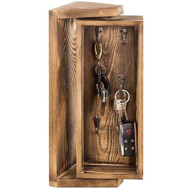 Wooden Wall-Mounted Key Holder Spinning Rack with 6 Hooks and Mirror, Burnt Wood