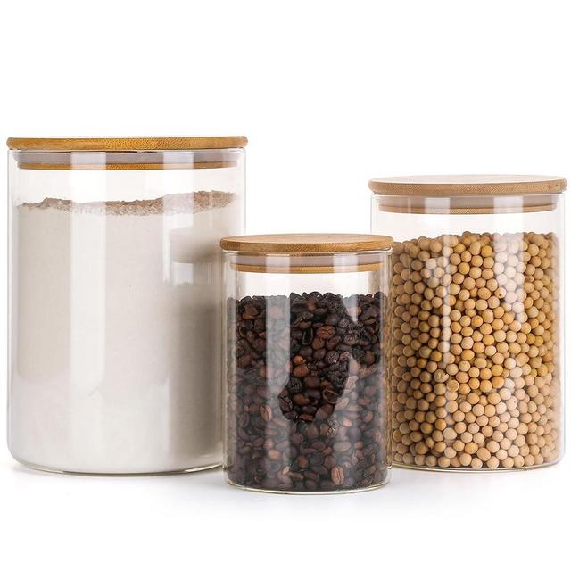Wnaraa Glass Flour Storage Containers with Lids, Glass Jars with Bamboo Lids, Large Food Storage Jar, Sugar, Pantry Storage Container for Pasta Rice Flour Oats Nuts Tea Spice (Round 27oz+54oz+100oz)