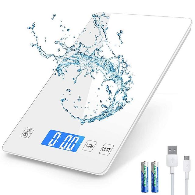 Zibet Rechargeable Digital Food Scale Kitchen Scale,33lb/15kg,1g/0.1oz Precise Graduation,5 Units,Tare Function,Touch Button,hook Design,Backlit LCD,Waterproof Tempered Glass Surface (White)