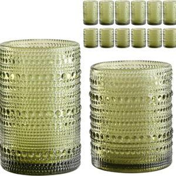 Vintage Glassware Drinking Glasses Set of 12,Green 12oz & 15oz Hobnail Glass Cups,Embossed Water Tumbler,for Beer,Cocktail,Whiskey,Juice and Various Mixed Drinks- 1 Cleaning Brush