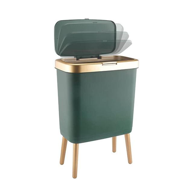Trash Can with Lid, Plastic Garbage Can with Push Button, Modern Waste Basket for Kitchen, Slim Bedroom Garbage Bin , 15L Bathroom Trash Can for Home, Living Room, Toilet, Office (Gold Edge)