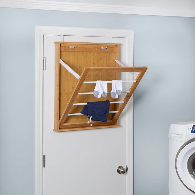 Wall-Mounted Clothes Drying Rack, Bamboo, Collapsible, 23 in W x 27.25 in H