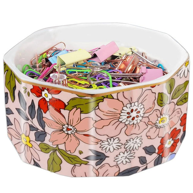 LEAZUL Ceramic Paper Clip Holder Gold Line Paper Clip Dispenser Organizer for Desk Cute Floral Pattern Office Binder Clip Holder Bobby Pin and Hair Clip Holder Gift for Office Pink Flowers