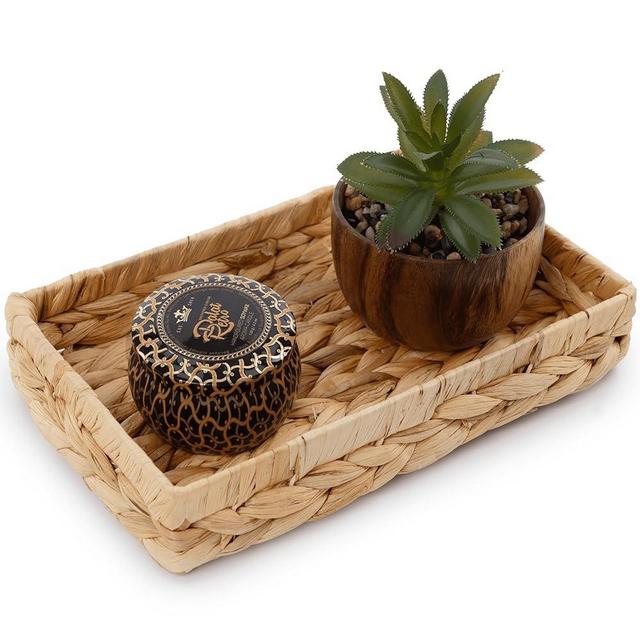 Bathroom Trays for Counter 10" Decorative Rattan Vanity Tray Wicker Storage for Paper Hand Towel Bathroom Vanity Organizer Countertop Toilet Tank Tray Woven Hyacinth Trays (Short Tray)