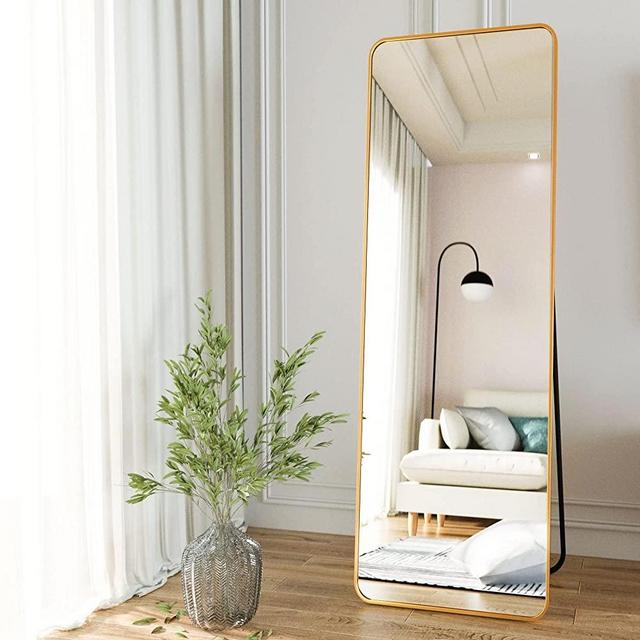 HARRITPURE 65"x22" Full Length Mirror Round Corner Wall Mirrors Floor Mirror Aluminum Frame Modern Decoration for Living Room Bedroom Cloakroom, Gold