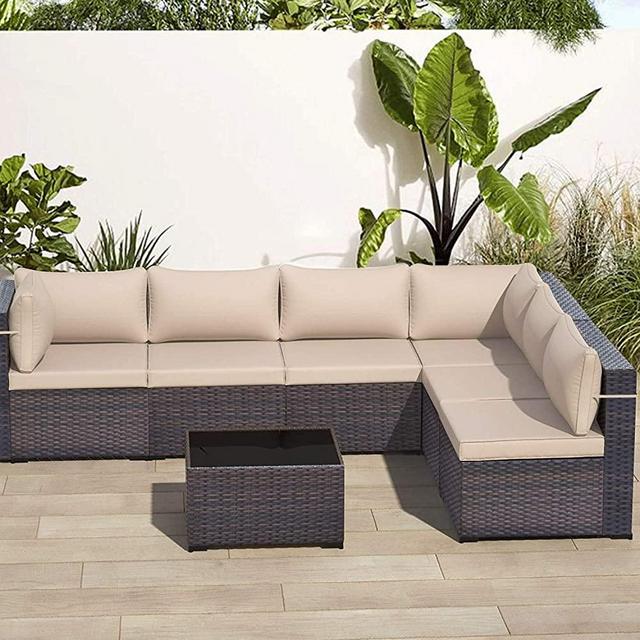 ALAULM 7 Piece Outdoor Patio Furniture Set Modular Rattan Sectional Sofa Set All Weather Deck Couch PE Wicker Backyard Patio Conversation Chair with Coffee Table & Thick Sand/Khaki Cushions