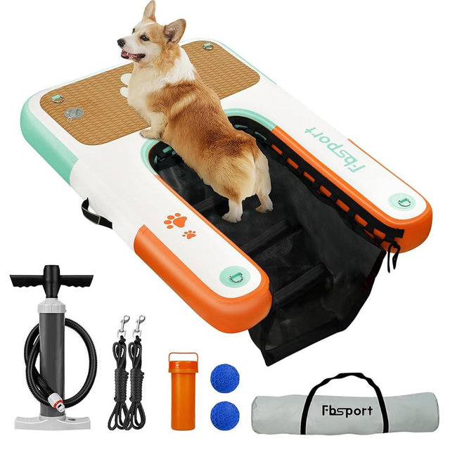 FBSPORT Inflatable Dog Boat Ramp Floating Dock Water Ramp Ladder for Pool, Boat, Non-Slip EVA Floating Ladder for Dog Up to 220 LBs, Safe & Easy Access