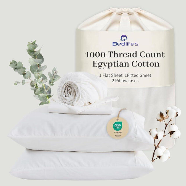 Bedlifes Egyptian Cotton Sheets 1000 Thread Count California King Size, 4-Piece 16" Deep Pocket - Cooling & Breathable Ultra Soft Bedding for Hotel Comfort (White)
