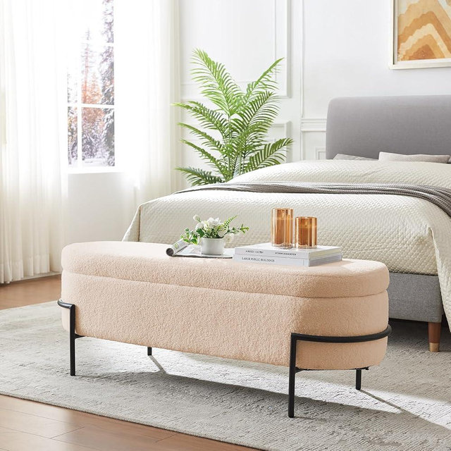 FiveWillowise Sherpa Storage Ottoman Bench for Bedroom, Beige End of Bed Bench with Storage, Upholstered Boucle Storage Bench with Metal Stand and Hinges, Oval Ottoman for Living Room, 52 Inch