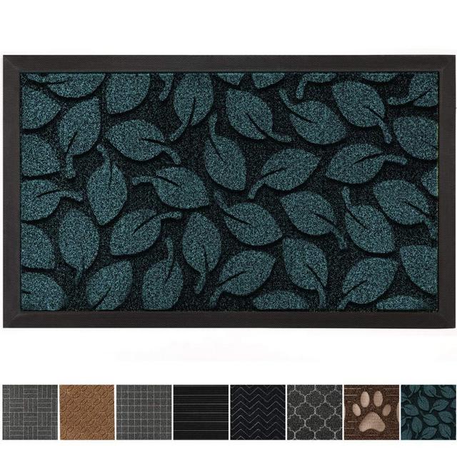 GRIP MASTER Durable All-Natural Tough Rubber Doormats, 29x17 Size, Waterproof Boots Scraper Mats, Heavy Duty Indoor Outdoor Door Mat for Winter Snow, Low-Profile Easy Clean, Green Small Leaves