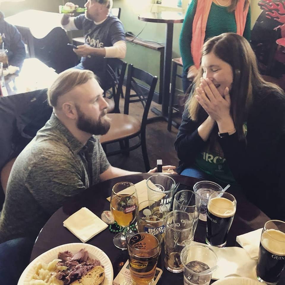 Devon asked Maureen to marry him on 3/17/2019, yes! St. Patrick's Day! At the bar where they had their first date, Hoagie Barmichaels!