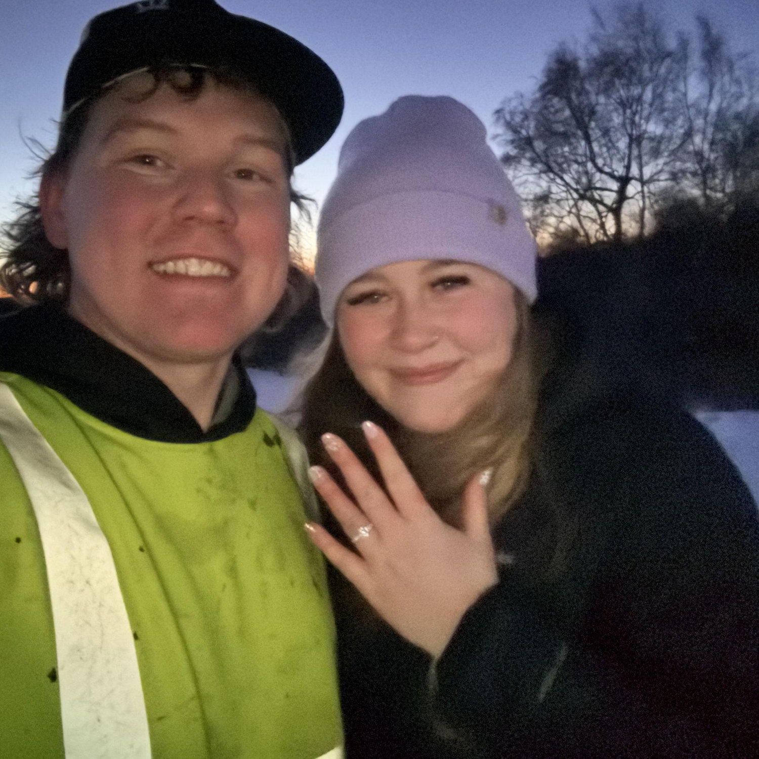 The proposal! Dog walk at kincaid park during sunset, one of the coldest, windiest days we'd had! December 8, 2025.