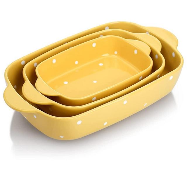 AVLA Porcelain Bakeware Set, Ceramic Baking Dish Pans with Handles for Baking, Rectangular Casserole Dish Set, Lasagna Pans for Cooking, Cake Dinner, Kitchen, 3-Piece ( Yellow )