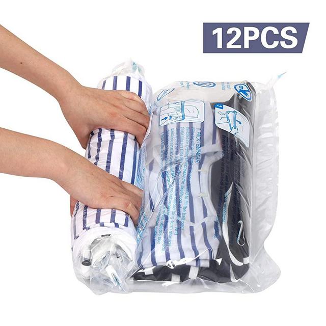 Hibag 12 Travel Compression Bags, 12-Pack Roll-Up Space Saver Storage Bags for Travel, Suitcase Size (12-Travel)