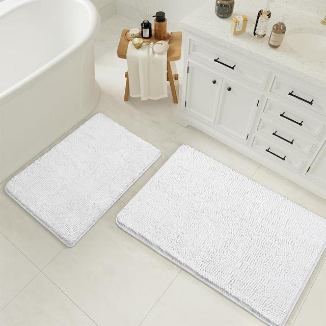 LOCHAS Bathroom Rugs Sets 2 Piece, 17 x 24 Plus 20 x 32 Inches Thick Non Slip Bath Rug Set, Absorbent Soft Chenille Bathroom Rug, Machine Washable Quick Dry Bath Mat for Bathroom Floor, White