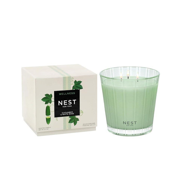 NEST New York Scented 3-Wick Candle, Cucumber & White Sage - 21.2 oz - Up to 100-Hour Burn Time - Reusable Glass Vessel