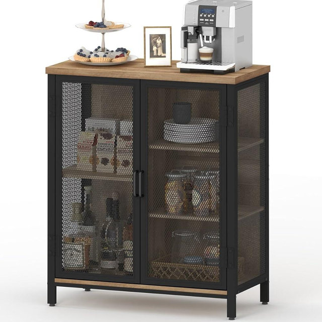 BON AUGURE Small Liquor Bar Cabinet for Home, Farmhouse Coffee Bar Cabinet for Living Room and Entryway, Industrial Buffet Cabinet with Storage for Kitchen and Dining Room (Vintage Oak)