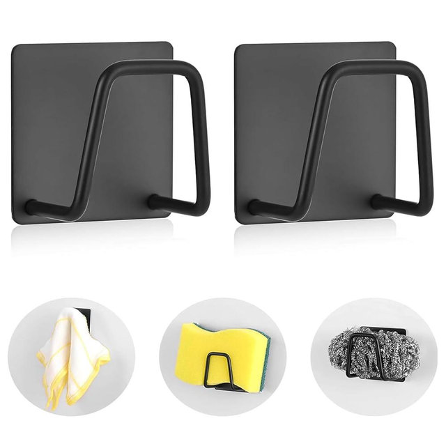 Luckyiren Adhesive Sponge Holder for Kitchen Sink, SUS304 Stainless Steel Scrubber Hanger Caddy Accessories Storage Rack Stand for Scratch Scrub Dishcloth Dishrag Exfoliator Strainer Stopper
