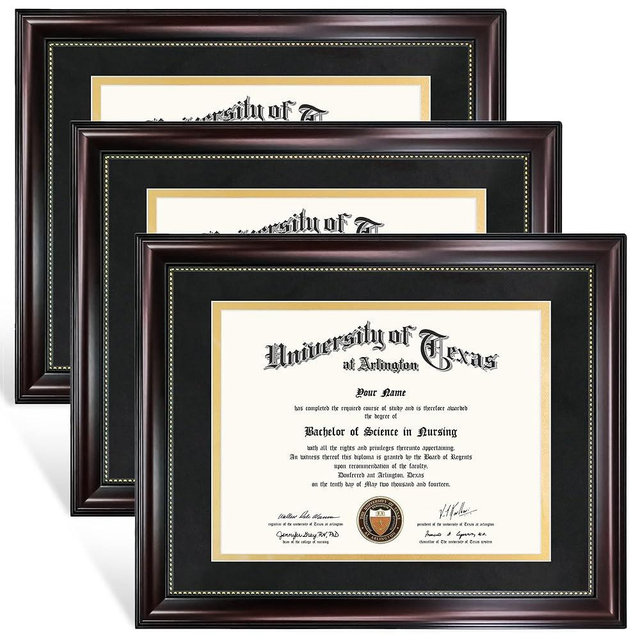 GraduationMall 8.5x11 Diploma Frame with Black over Gold Mat or Display 11x14 Document without Mat, UV Protection Acrylic, Mahogany with Gold Beads, Set of 3