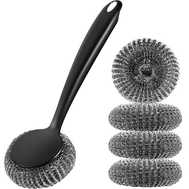 Foensc 5 Pack Steel Wool Scrubber, Improved Stainless Steel Scrubber, Metal Scrubber with Long Handle, Steel Scrubber for Dishes, Cast Iron, Pots, Pans, Grills and Sinks, Black