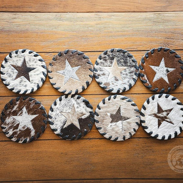 Sunshine Cowhides Natural Cowhide Coaster - 4.5" Round Star Assorted Tones Genuine Leather Coasters for Coffee Table, & Dining Tables, Ideal Cow Print Kitchen Accessories for Home & Office - Set of 8