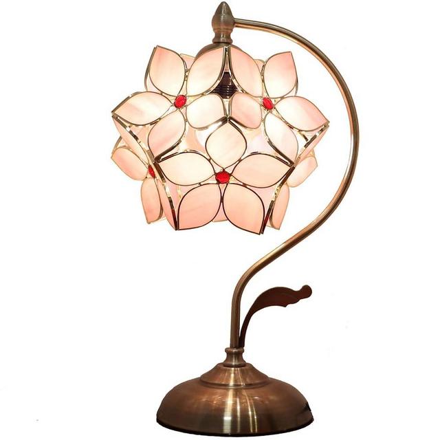 Bieye L10832 Tiffany Style Stained Glass Flower Petal Table Lamp with Brass Base for Home Décor (Pink, 8" Apple Blossom)