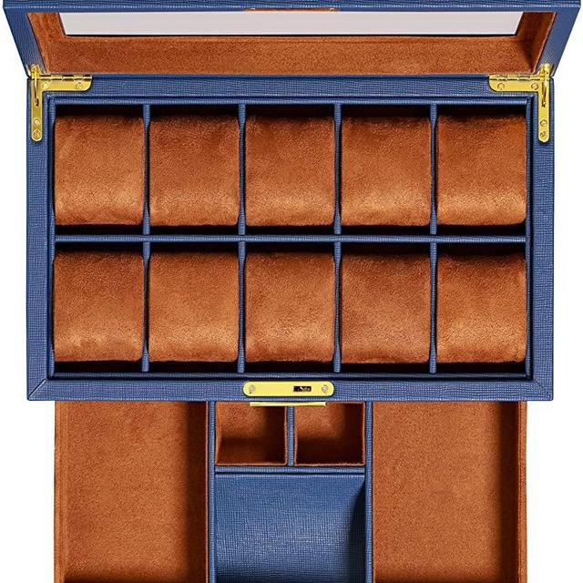 ROTHWELL 10 Slot Leather Watch Box with Valet Drawer - Luxury Watch Case Display Organizer, Ultra Soft Microsuede Liner, Locking Jewelry Watches Holder With Large Glass Top