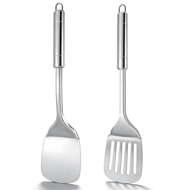 2Pcs Metal Spatulas for Kitchen Use Stainless Steel Spatulas Set Cooking Spatula with Solid Slotted Turner, Kitchen Utensils Dishwasher Safe, Silver