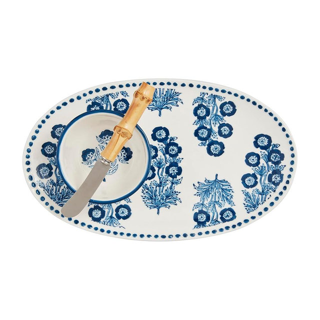 Mud Pie Block Print tray 6 11 tidbit 2" x 3 3/4" dia | spreader 5 1/4", Blue