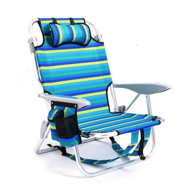Canpsky Portable Beach Chair for Adults, Outdoor Lightweight Camping Chair Lay Flat Folding Backpack Beach Reclining Chair with 4 Positions, Headrest, Cooler Pouch, Cup Holder, Ocean Striped