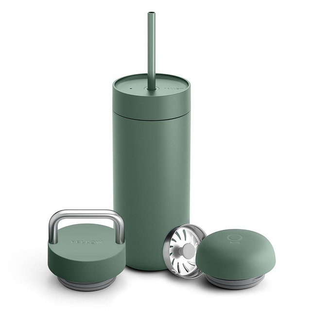 Fellow 16 oz Carter Bundle (3 in 1) Travel Mug with Carry Handle, Move & Cold Lids with Straw - To-Go Coffee Tumbler, Ceramic Interior & Vacuum-Insulated Stainless Steel - Coffee Cups-Smoke Green