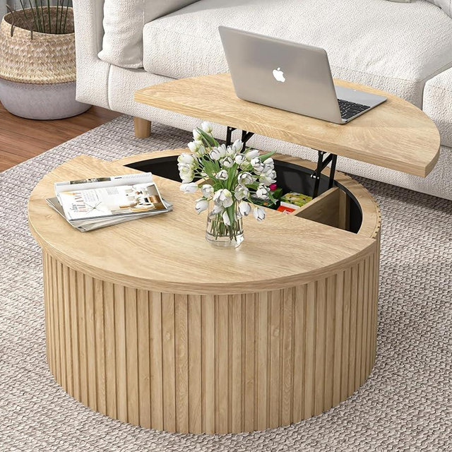 Fsbecl Round Fluted Lift Top Coffee Table with Storage, 34.6'' Farmhouse Round Coffee Tables for Living Room, Circle Wood Accent Center Table for Home, Office, Cafe (Wood Color)