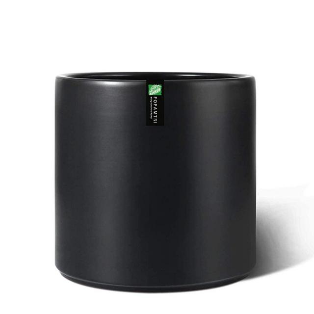 Fopamtri 10 Inch Sleek Plant Pot Matte Black Ceramic Planter for Indoor Outdoor Plants Flowers Large Modern Cylinder Flower Pot with Drainage Hole and Plug,Full Glazed Finish